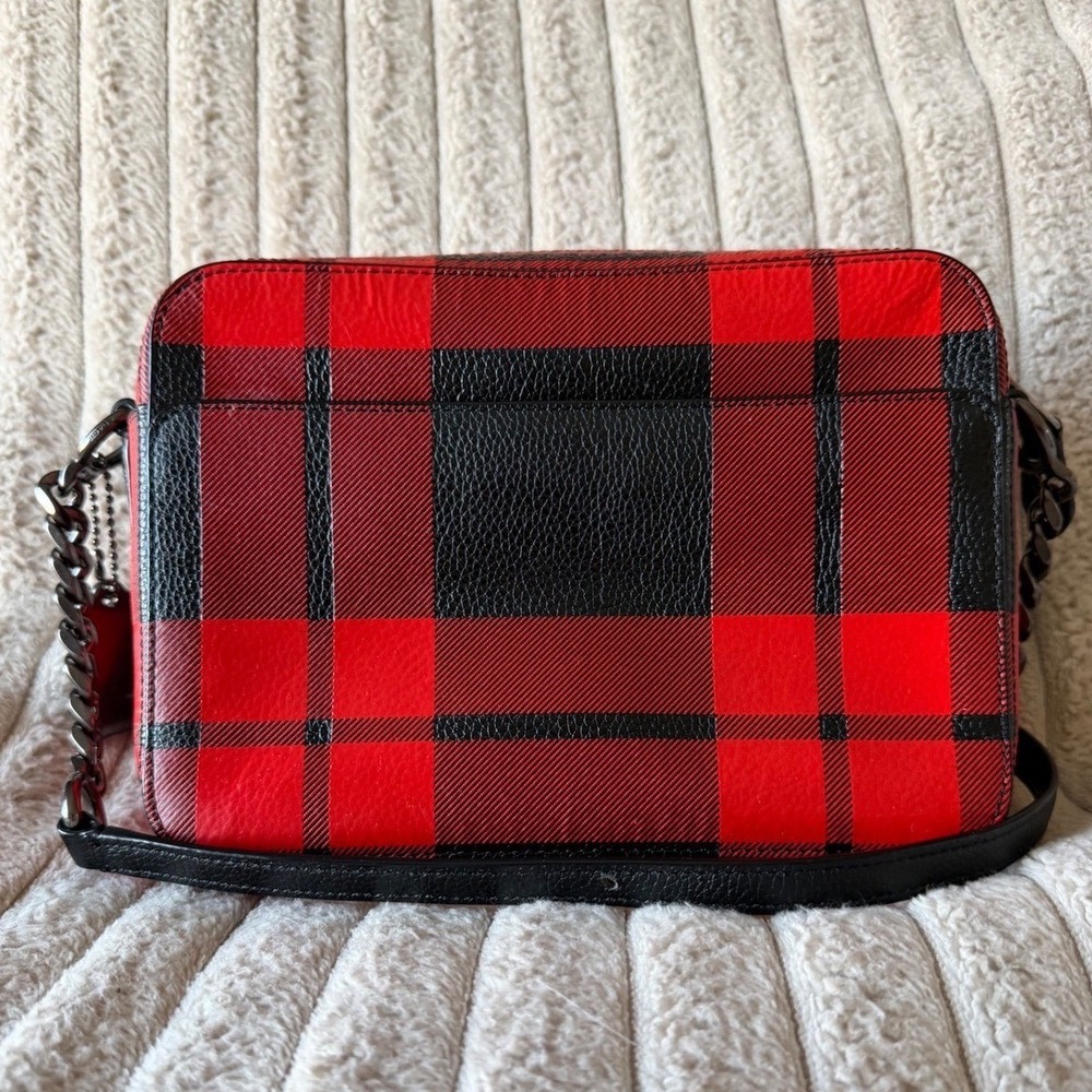 Coach Buffalo Plaid Red Black Leather Crossbody Camera Bag Gunmetal Hardware - Picture 2 of 13